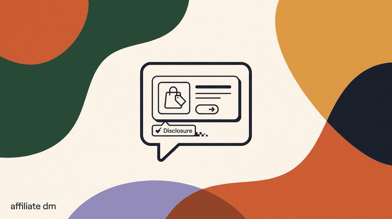 Flat illustration of a creator sending a disclosed product recommendation through an affiliate marketing DM, with a tracked link and a hashtag-ad disclosure tag in the chat bubble