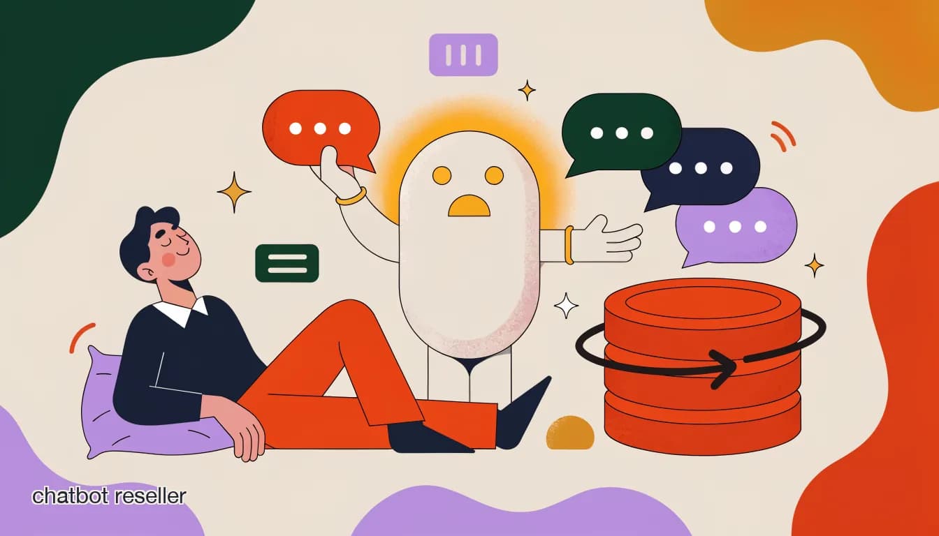 Flat illustration of a chatbot service turning into a recurring revenue retainer, on Chatbot Reseller Programs: Turning DM Automation Into Recurring Revenue