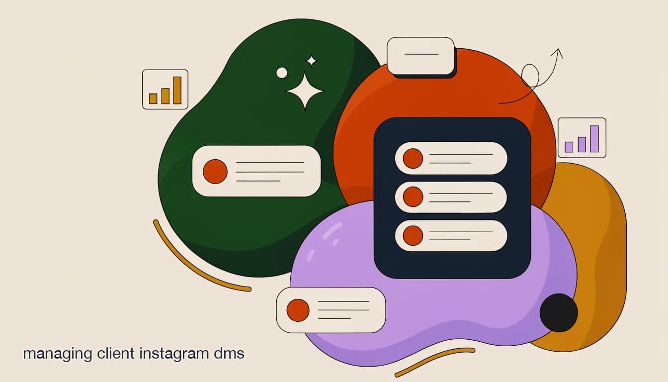 Flat illustration of an agency dashboard showing several client Instagram inboxes in one screen, on How to Manage Multiple Clients' Instagram DMs Without Losing Track