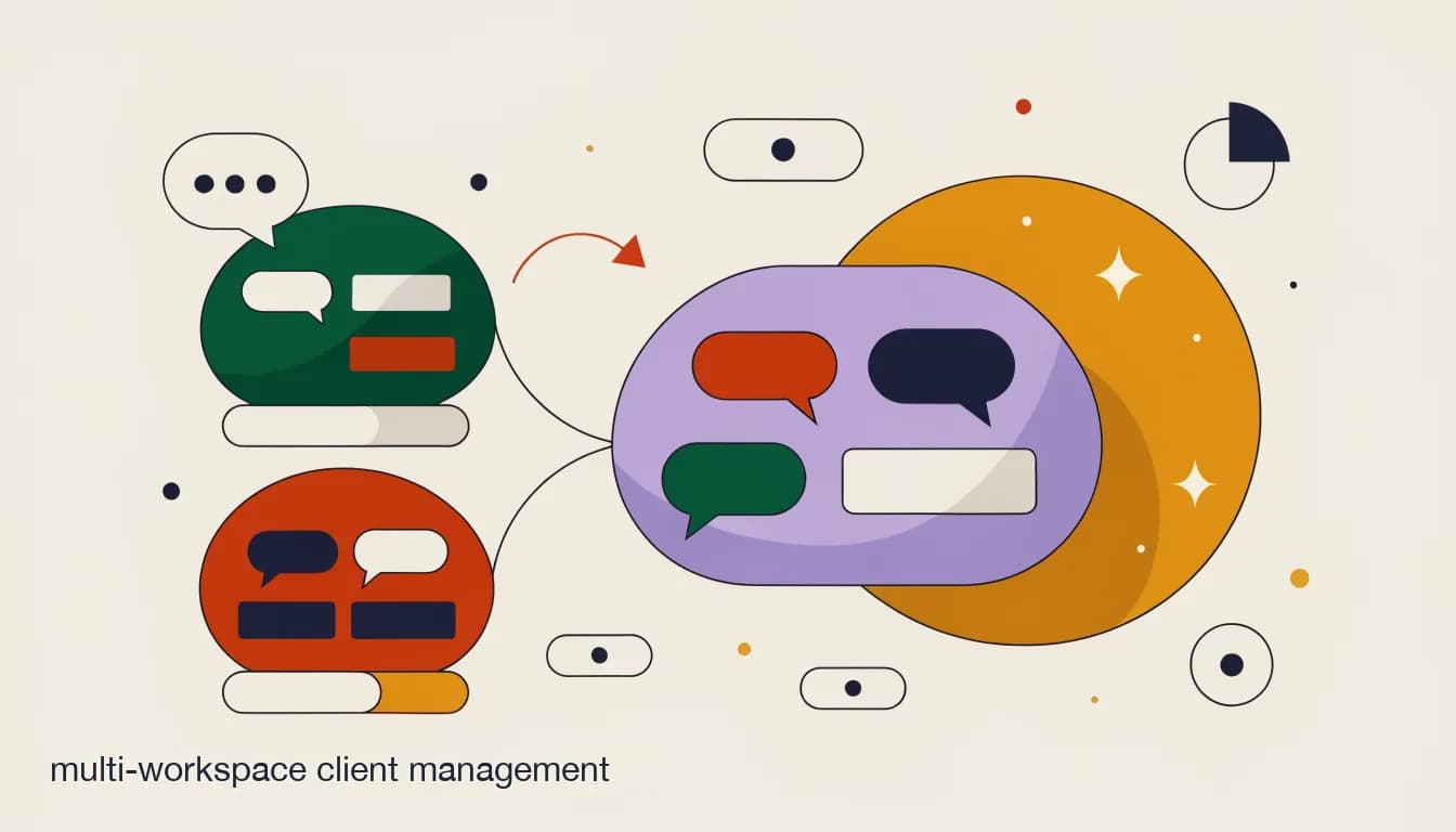 Flat illustration of separate client workspace panels feeding into one shared agency dashboard, on Multi-Workspace Client Management: Running Every Client's Inbox From One Dashboard