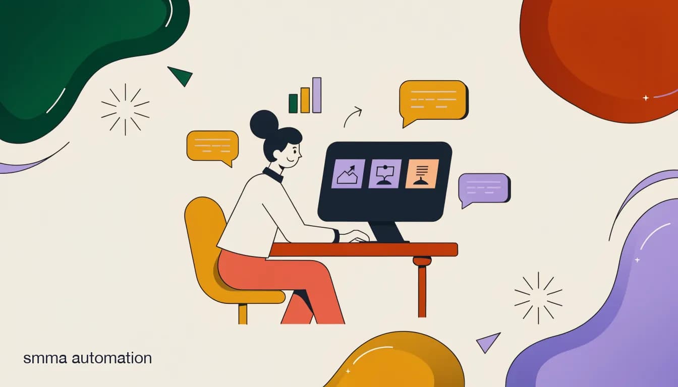 Flat illustration of an SMMA founder managing several client automation flows on one screen, on SMMA Automation: A Practical Guide to Running Client DMs at Scale