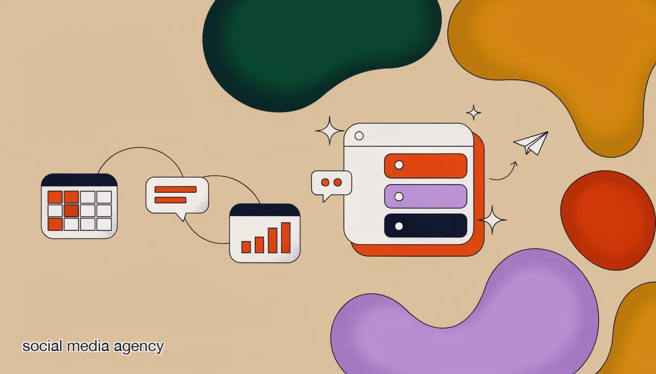 Flat illustration of automation tool icons connecting into one agency workflow dashboard, on Social Media Agency Automation Tools: What Actually Saves Time in 2026