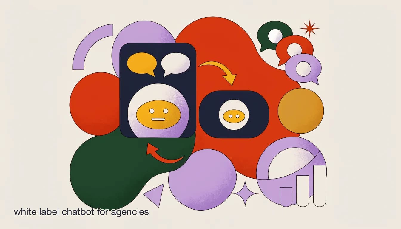 Flat illustration of a chatbot interface being rebranded with different agency logos, on White Label Chatbot for Agencies: What It Actually Means (and What to Check)