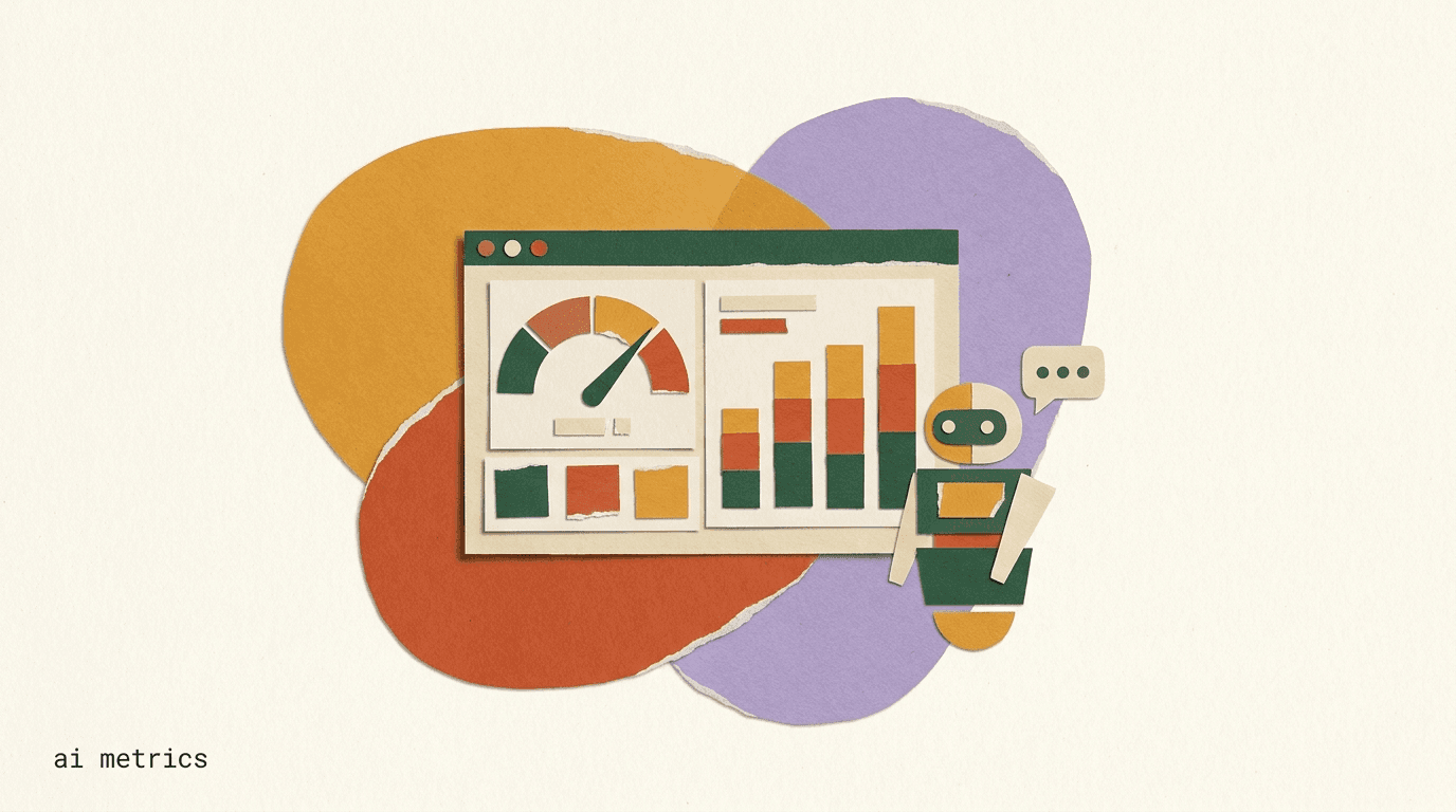 Flat illustration of a dashboard showing AI agent metrics — containment rate, resolution, escalation, and CSAT gauges beside chat bubbles