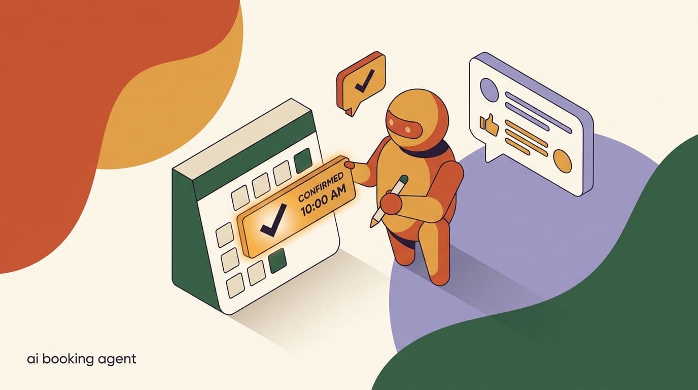Flat illustration of an AI agent appointment booking assistant in a chat window confirming a calendar slot with a customer, for AI agent booking appointments