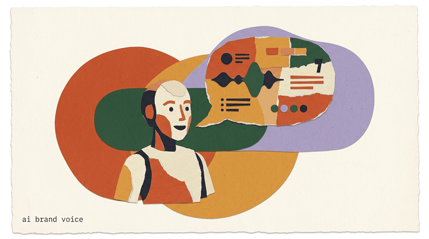 Flat illustration of a person tuning chat bubbles to match a brand style guide, representing training an AI agent brand voice for consistent replies