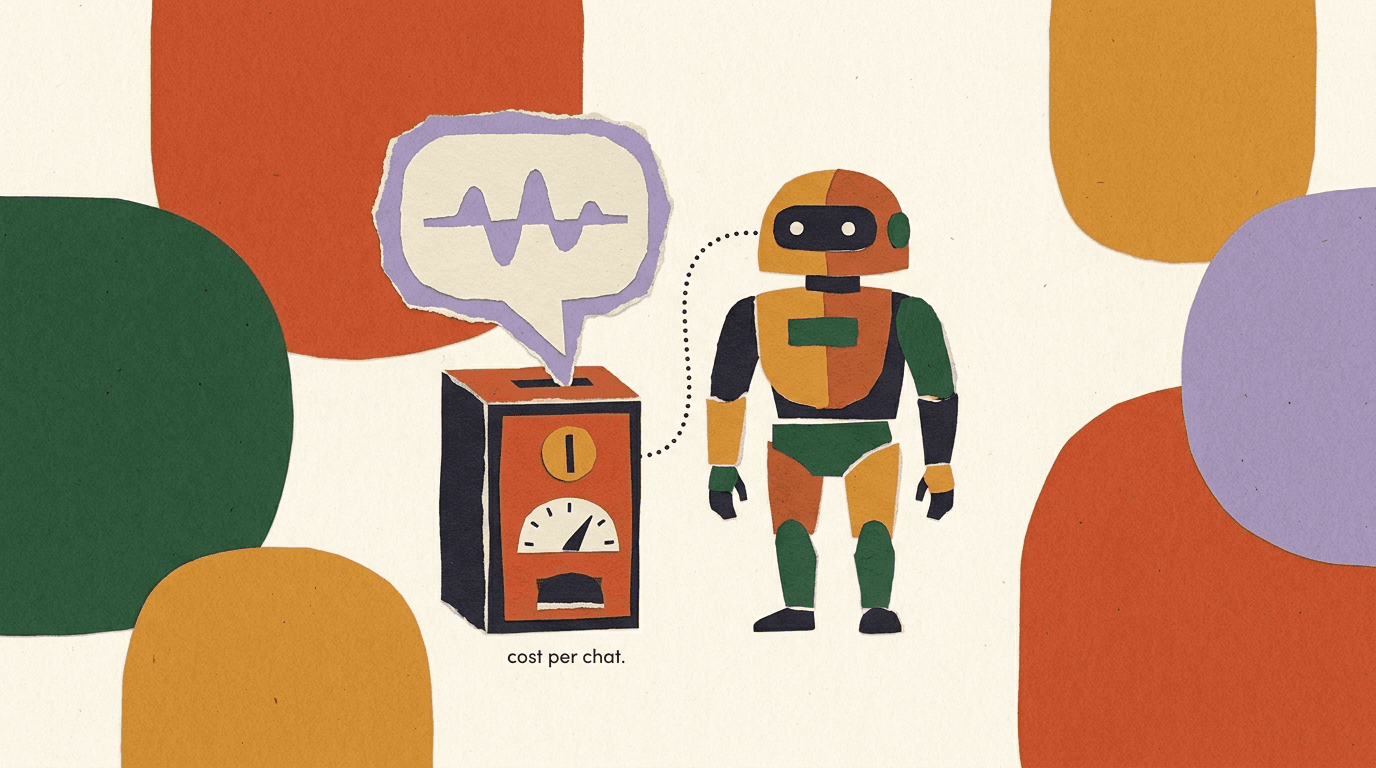 Flat illustration of a single chat bubble on a calculator, breaking down the ai agent cost per conversation into subscription, tokens, and fees