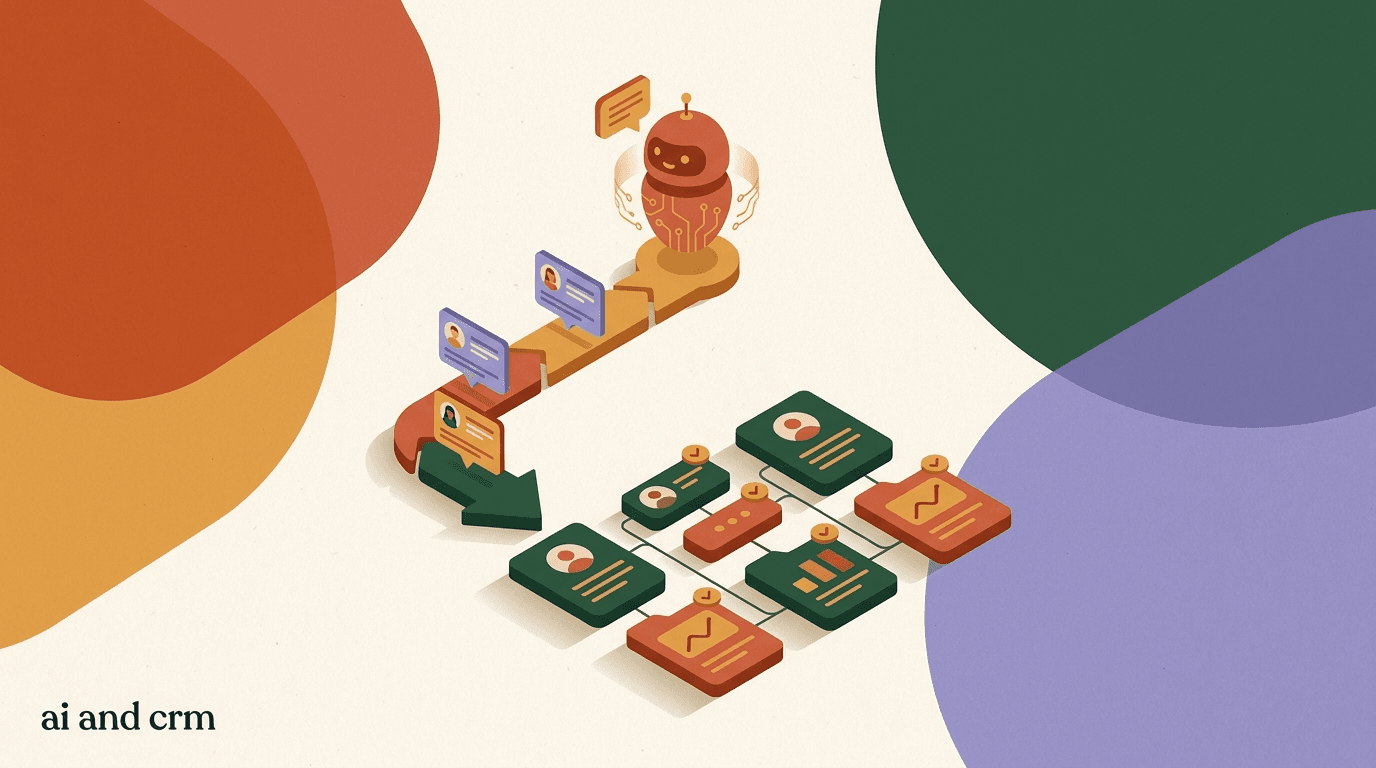 Flat illustration of an AI agent CRM integration, with a chat bubble syncing contact records and lead data into a CRM dashboard