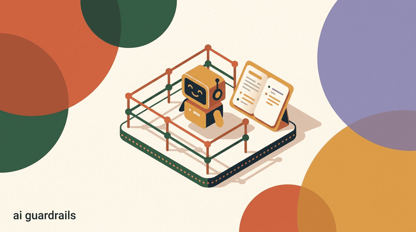 Flat illustration of AI agent guardrails as protective rails around a chat bubble, with a person reviewing safety rules and escalation paths