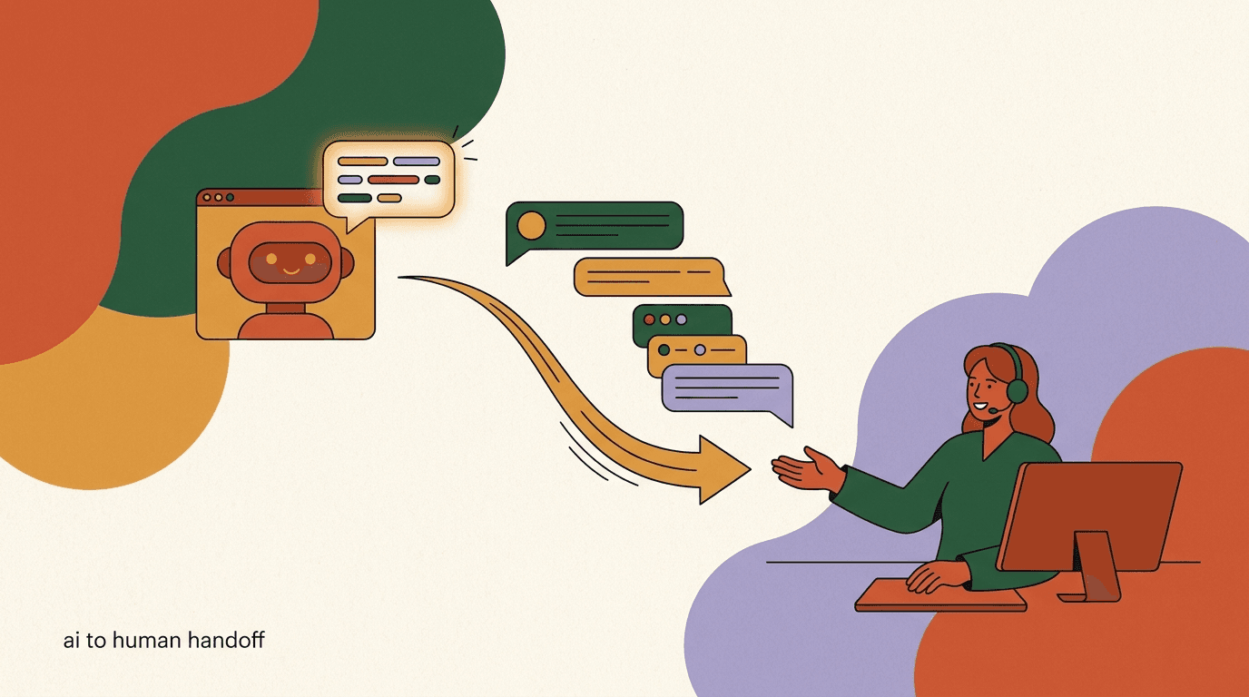 Flat illustration of an AI agent passing a chat conversation to a human support agent, showing AI agent human handoff in a unified inbox