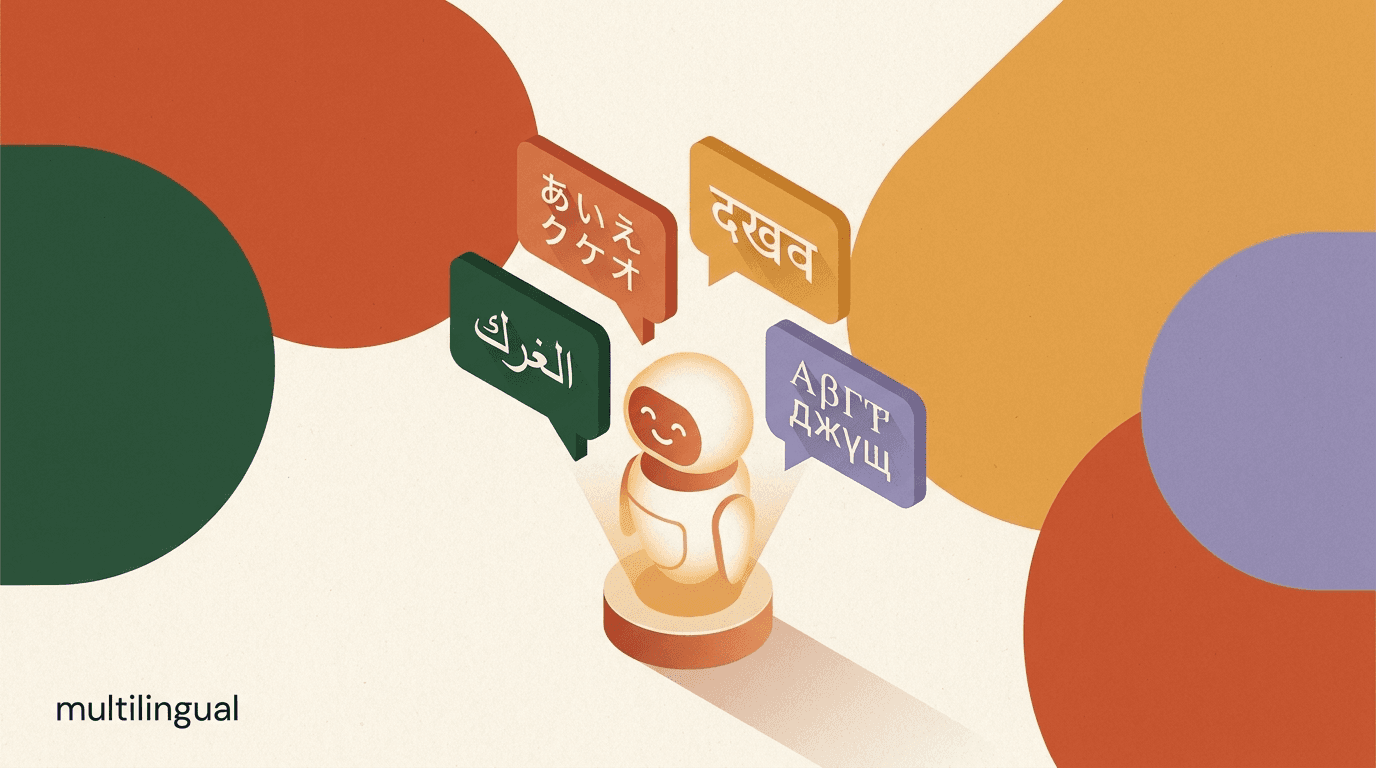 Flat illustration of an AI agent answering chat bubbles in several languages at once, representing multilingual AI support across global channels