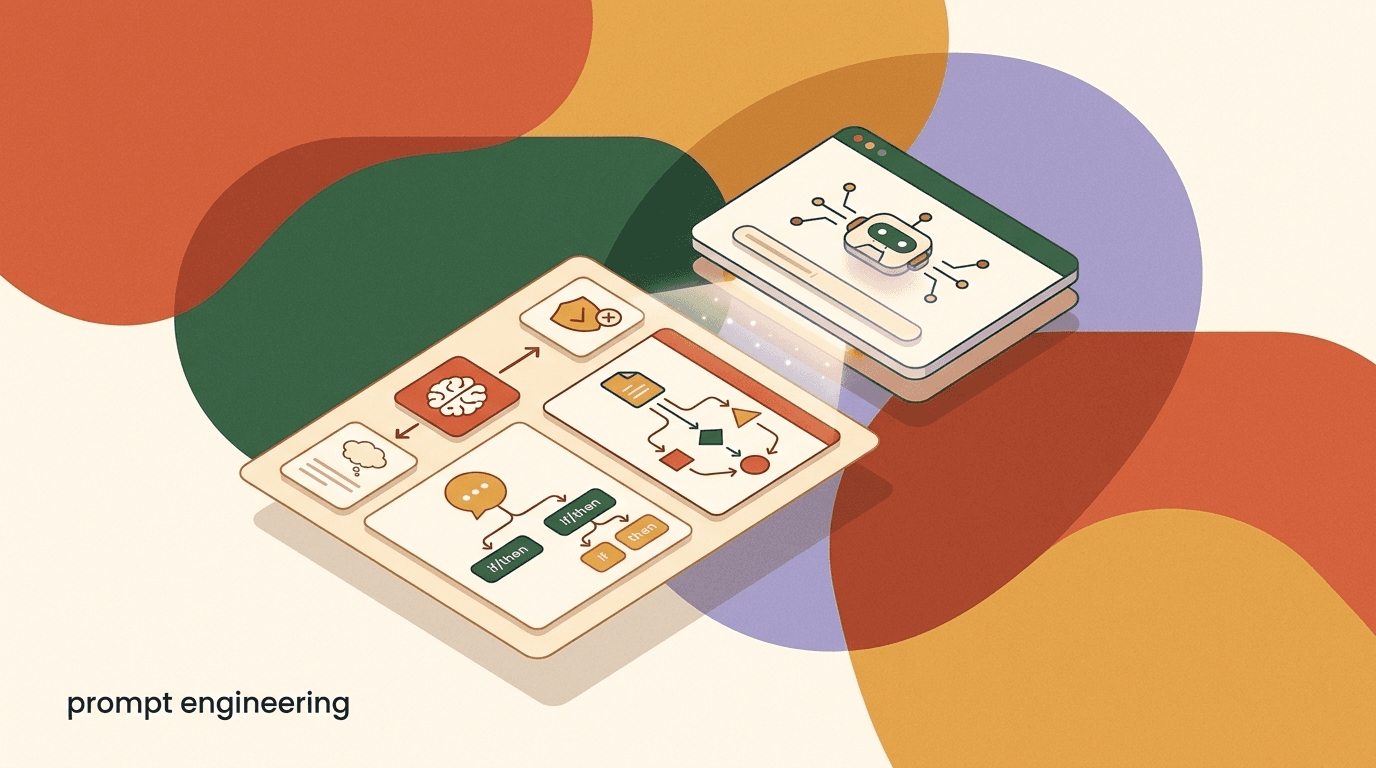 Flat illustration of a person drafting a structured system prompt with role, scope, and guardrail blocks, on AI agent prompt engineering for support bots