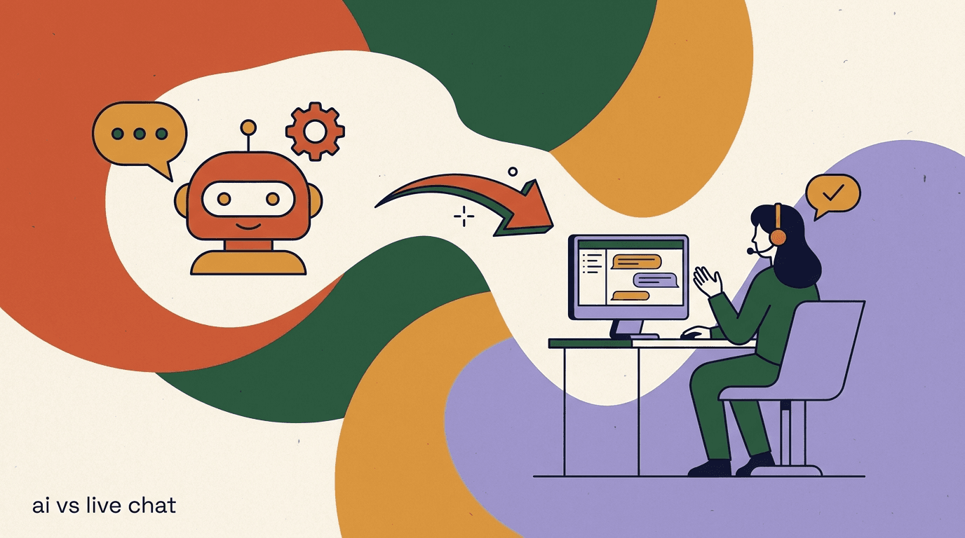 Flat illustration comparing an AI agent vs live chat — a robot chat bubble on one side, a human support agent on the other, joined by a single shared inbox
