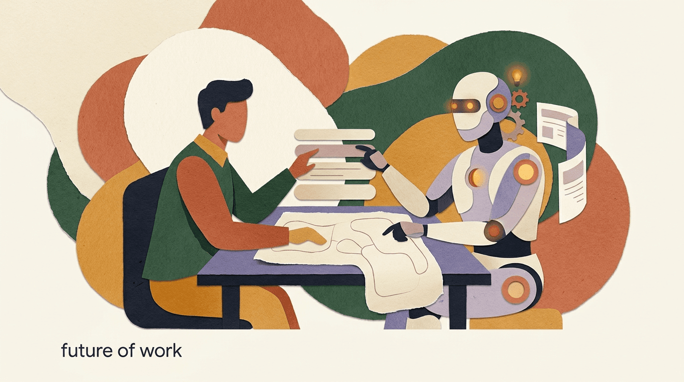 Flat illustration of a small team working alongside an AI agent at a shared desk, exploring the ai agents future of work theme with people and software side by side