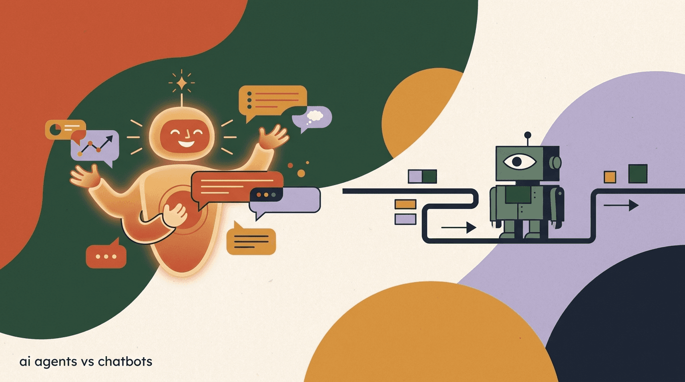 Flat illustration contrasting a clever AI agent with a rigid rule-based bot, explaining AI agents vs chatbots