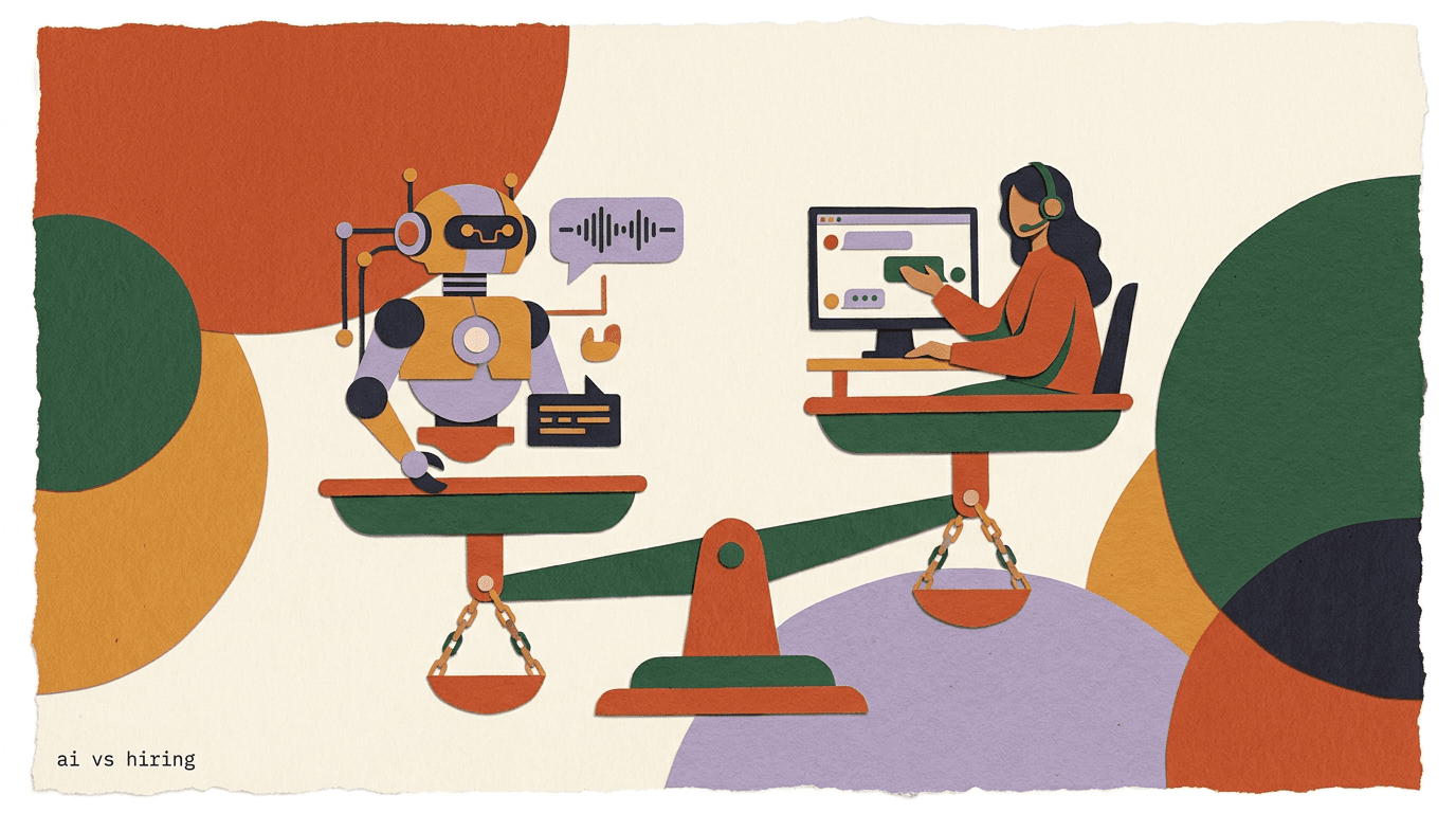 Flat illustration of a balance scale weighing an AI agents vs hiring decision, with chat bubbles on one side and a support person at a desk on the other