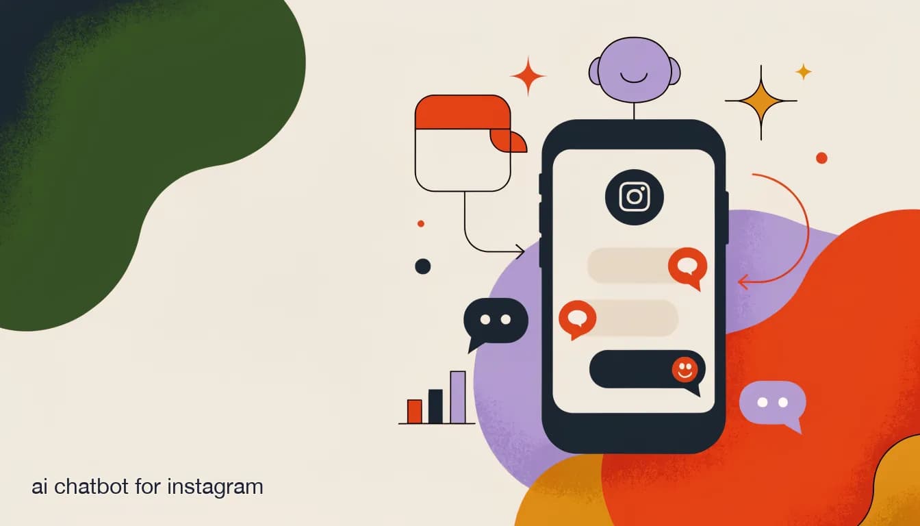 Flat illustration of a phone showing an Instagram DM thread answered by an AI chatbot, with a knowledge base icon beside it, on AI Chatbot for Instagram: How to Set One Up in 2026