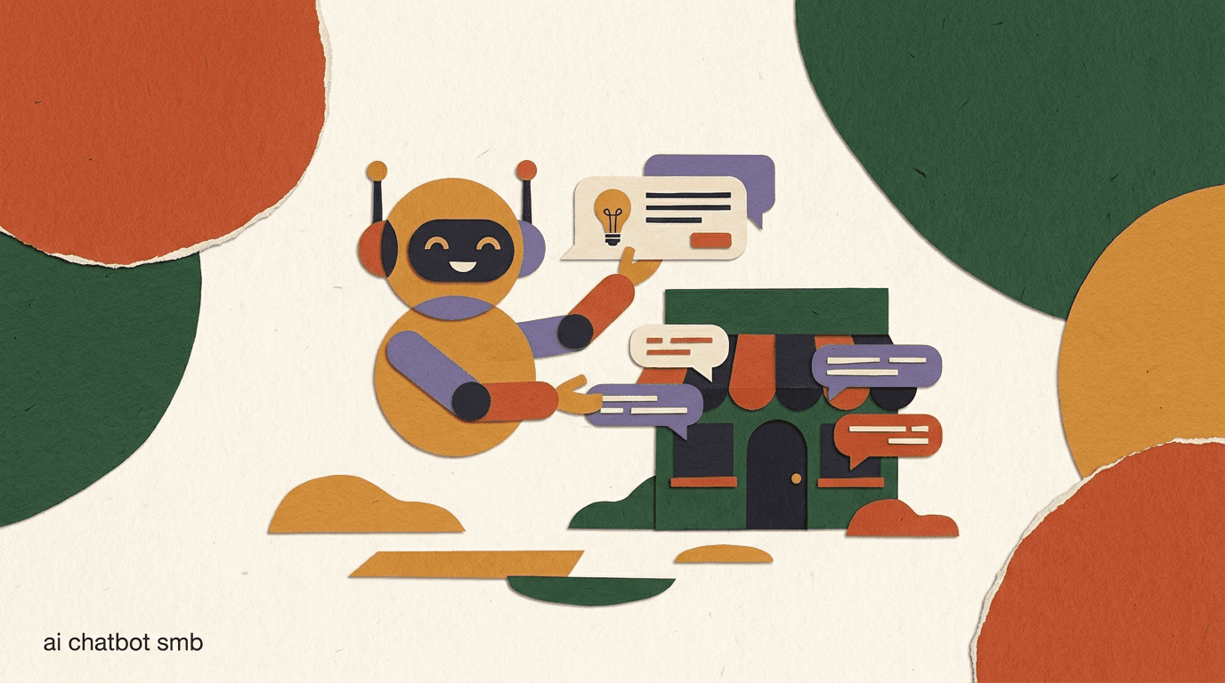 Flat illustration of a small business owner reviewing an AI chatbot for small business handling support, lead generation, and Instagram DM conversations across channels