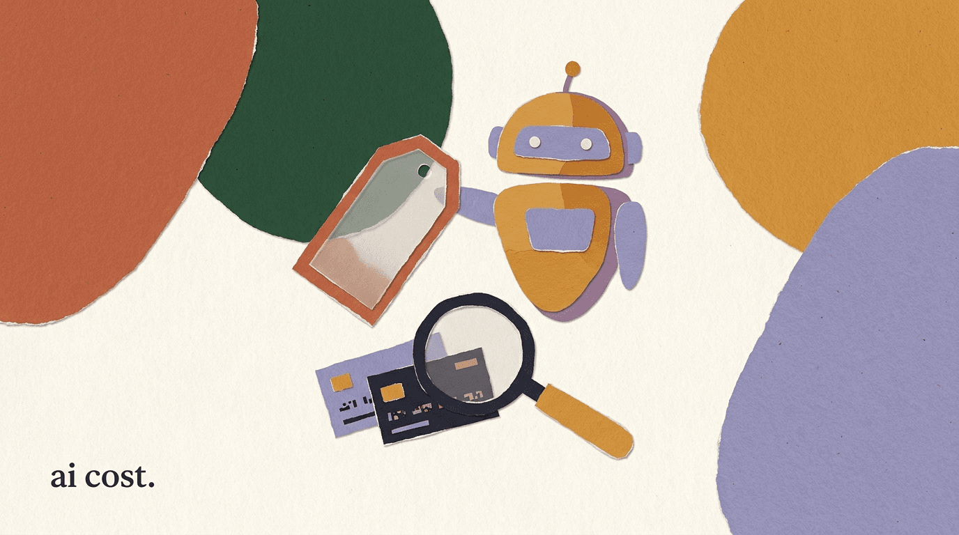 Flat illustration of a magnifying glass held over a layered AI invoice with usage meters and chat bubbles, illustrating AI cost transparency