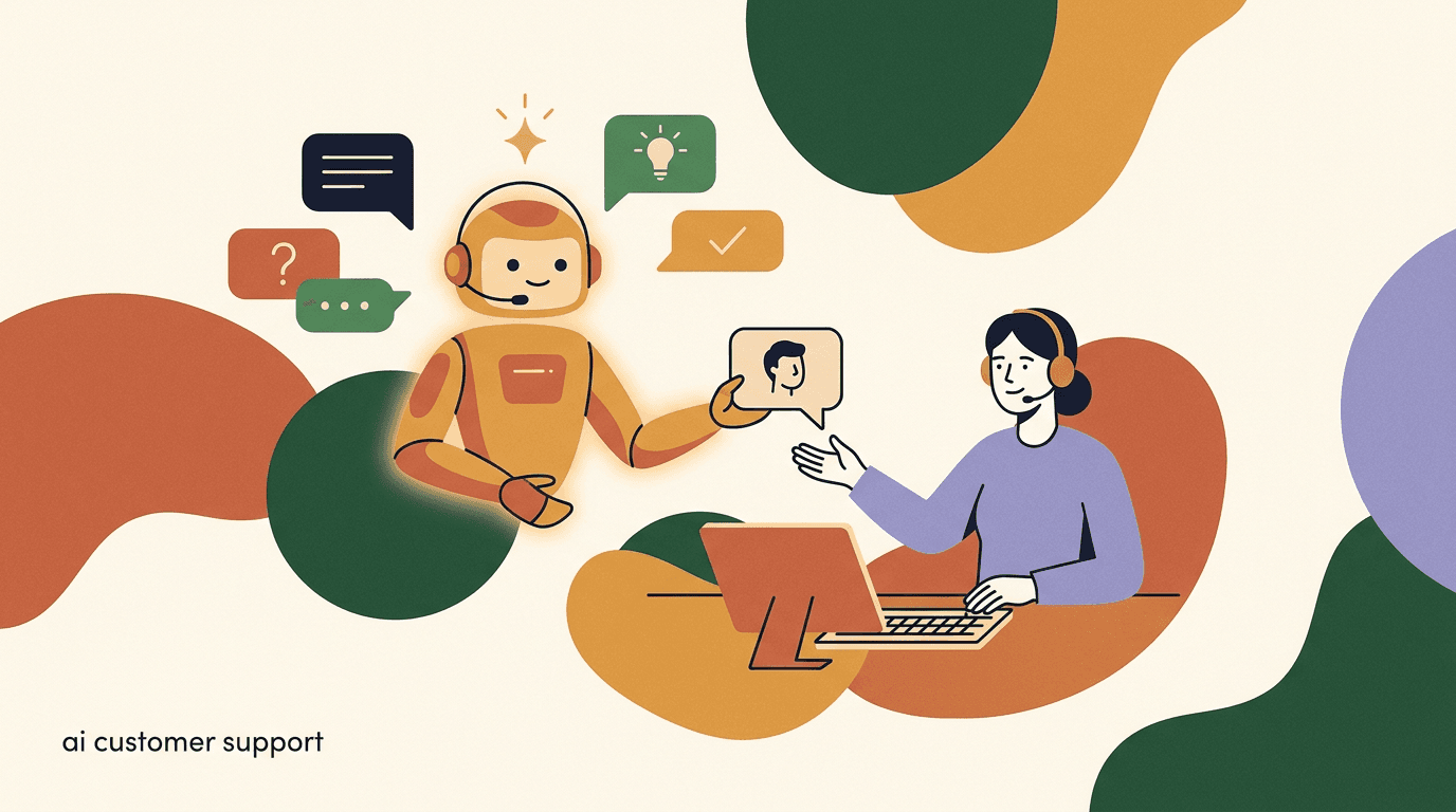 Flat illustration of an AI customer support agent answering chat bubbles on one side and handing a complex conversation to a human agent on the other, on AI customer support automation