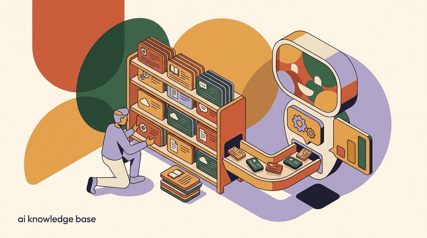 Flat illustration of an AI knowledge base feeding organized documents, FAQs, and policies into a chat agent that returns grounded answers