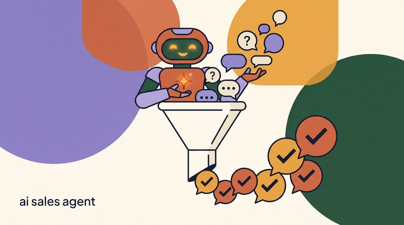 Flat illustration of an AI agent sorting lead chat bubbles into qualified checkmarks, on an AI sales qualifying agent