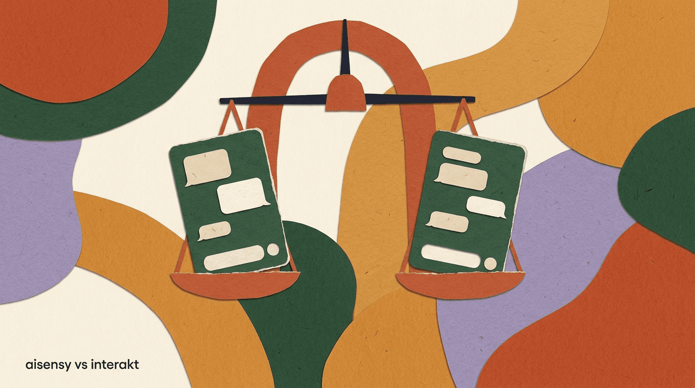 Flat illustration comparing AiSensy vs Interakt as WhatsApp Business API platforms for India, with WhatsApp chat bubbles, rupee price tags, and a Shopify cart on a split screen
