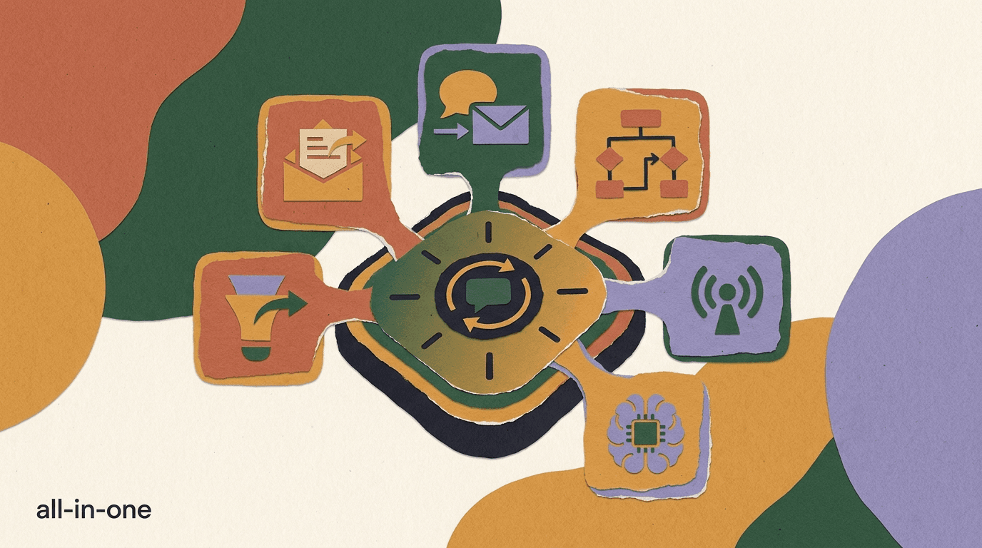 Flat illustration of a single unified inbox pulling in chat bubbles from Instagram, WhatsApp, Telegram, TikTok and X, representing an all-in-one chat marketing platform