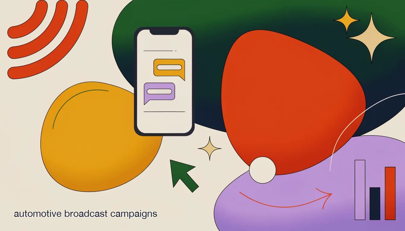 Flat illustration of a car dealership sending segmented WhatsApp broadcast messages to past leads and service customers on a phone screen, on Automotive Broadcast Campaigns: Re-Engaging Past Leads and Service Customers