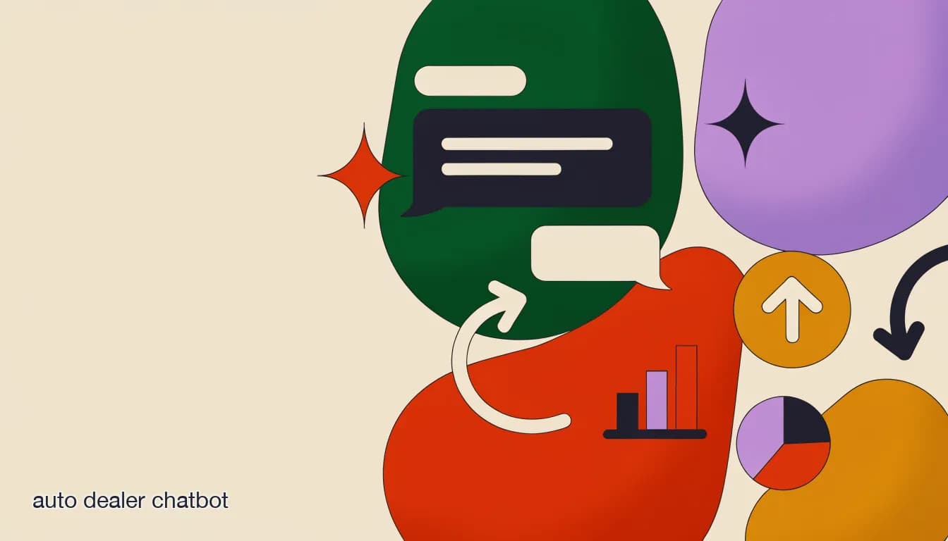 Flat illustration of an auto dealer chatbot qualifying a car buyer on vehicle interest, budget, and trade-in inside a DM before routing the conversation to a sales rep, on How to Build an Auto Dealer Chatbot That Qualifies Buyers Before a Rep Replies