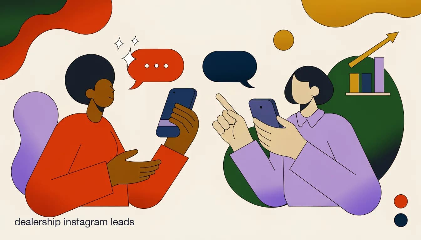 Flat illustration of a car buyer commenting on a dealership's Instagram vehicle post and receiving an instant private DM reply with price and availability, on Why Car Buyers DM Your Dealership Instead of Calling