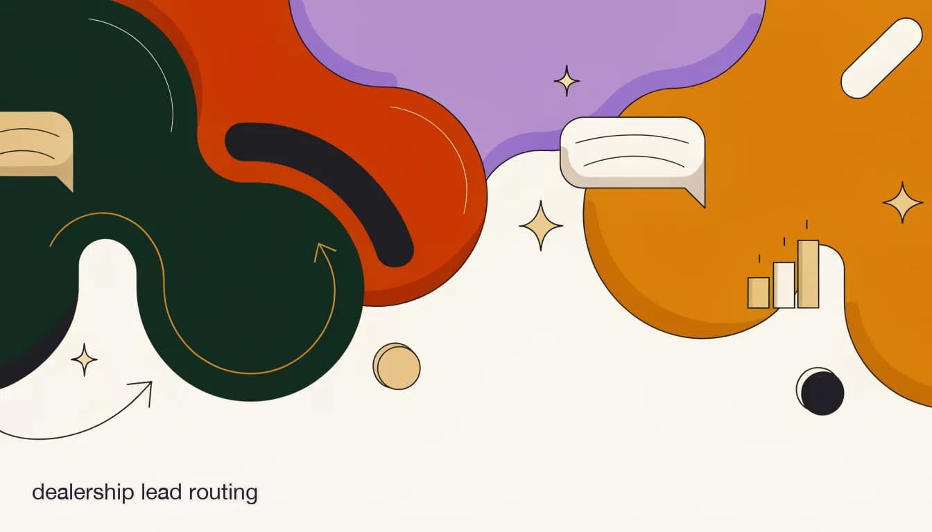 Flat illustration of an inbound car inquiry DM being automatically routed to the correct sales rep based on vehicle type, team, and language at a dealership, on Dealership Lead Routing: Sending Every Inquiry to the Right Rep by Team and Language