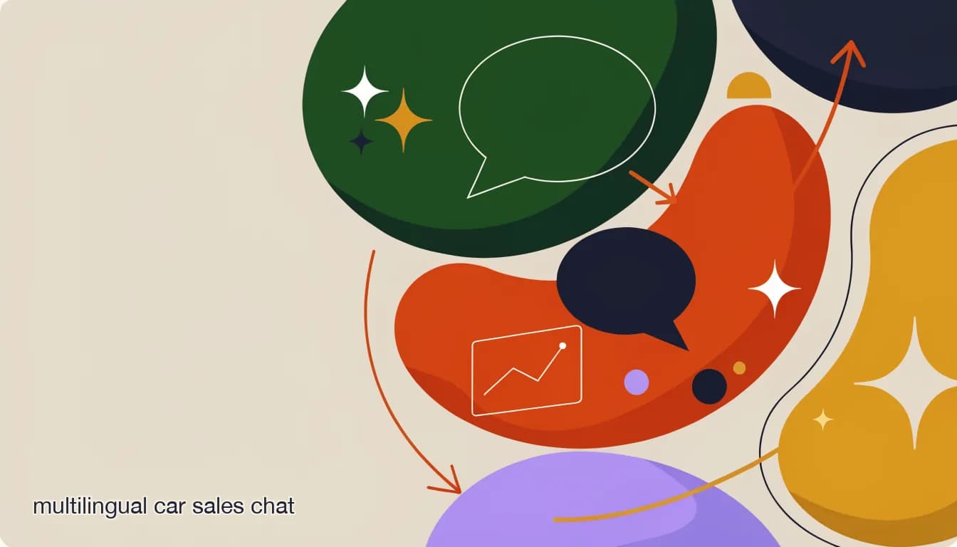 Flat illustration of a car dealership DM inbox routing inquiries in different languages to matching sales reps and an AI agent, on Multilingual Car Sales: Routing DM Inquiries to the Right Language Speaker