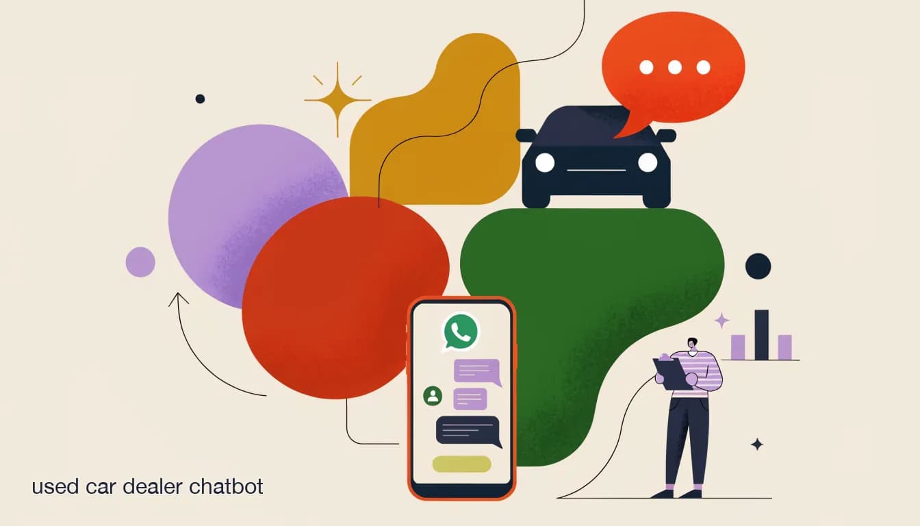 Flat illustration of a used car lot with a phone showing a WhatsApp chatbot conversation routing a vehicle inquiry to a salesperson, on Used Car Dealer Chatbot: What Independent Lots Should Look For