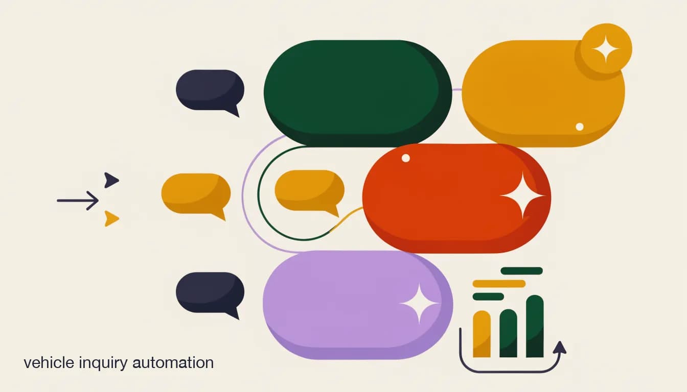 Flat illustration of a car dealership dashboard automatically sorting vehicle inquiries by type — availability, price, financing — across chat channels, on Vehicle Inquiry Automation: Handling Every DM Without Adding Headcount