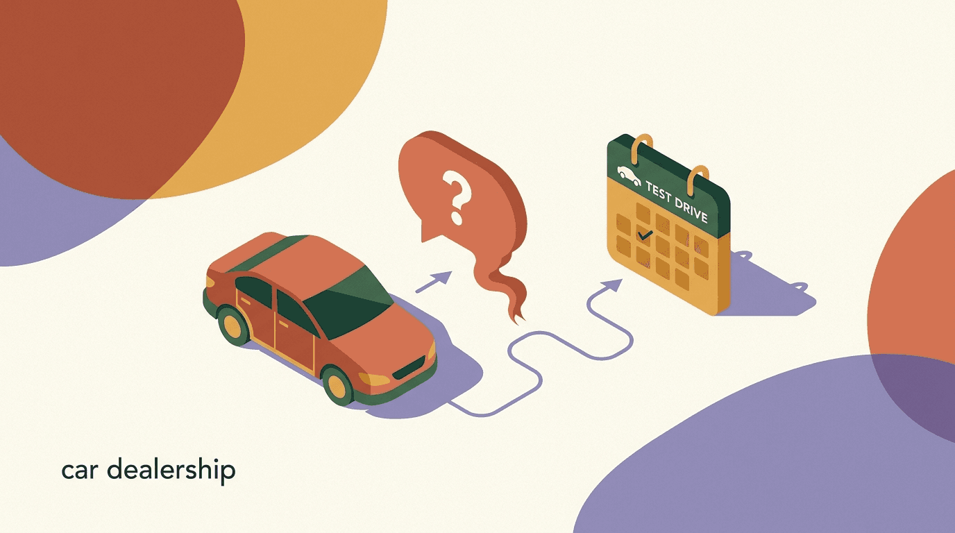 Flat illustration of a car dealership chatbot answering inventory questions and booking a test drive across phone chat bubbles