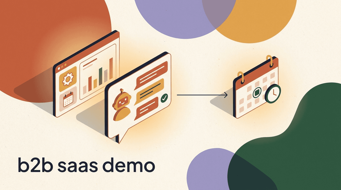 Flat illustration of a B2B SaaS chatbot qualifying a lead and booking a demo through chat bubbles and a calendar, on a B2B SaaS chatbot workflow