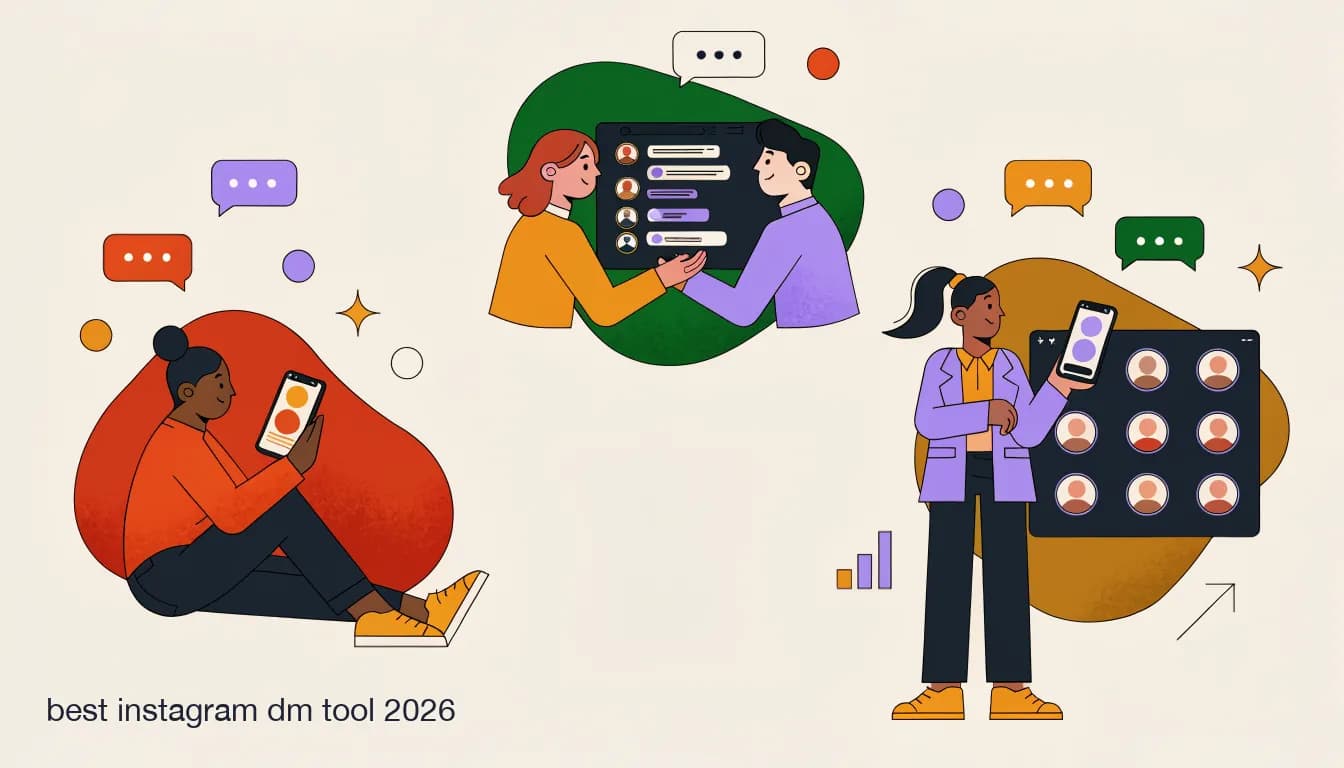 Flat illustration of three different Instagram DM tool setups side by side — a phone for a solo creator, a shared inbox for a small team, and a multi-client dashboard for an agency, on The Best Instagram DM Tool in 2026 (Compared by Use Case)
