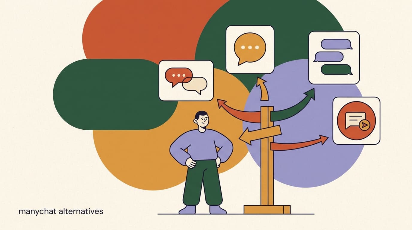 Flat illustration of a person at a signpost choosing among chat-app cards, on the best ManyChat alternatives by use case