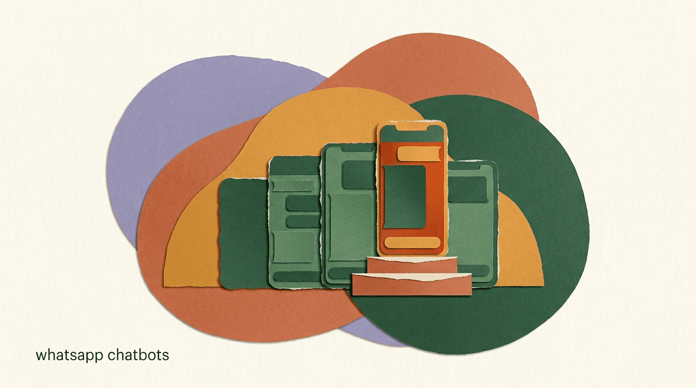 Flat illustration comparing WhatsApp chatbot platforms as labeled chat-bubble cards on a desk, on the best WhatsApp chatbot platforms in 2026