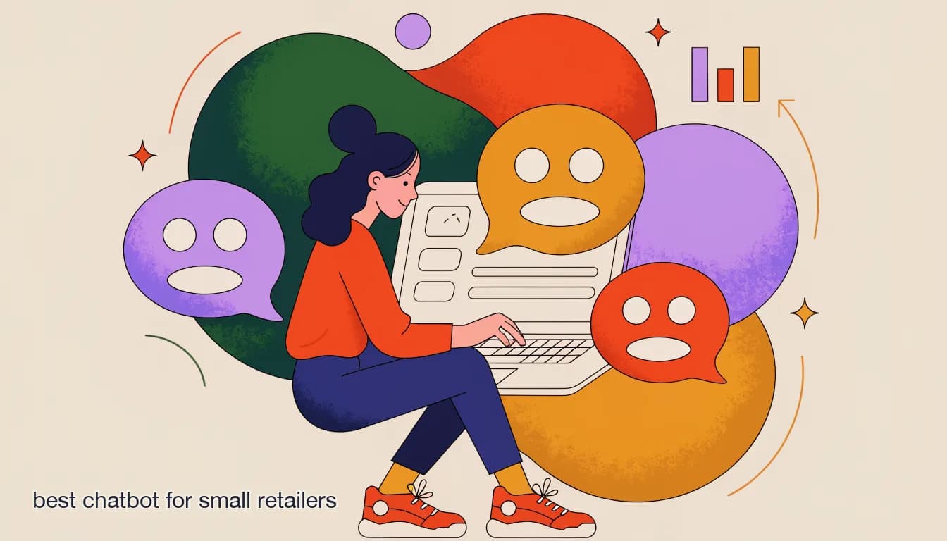 Flat illustration of a boutique owner comparing three chatbot options on a laptop, weighing channels and pricing, on Best Chatbot for Small Retailers: What Actually Matters for Boutiques (2026)