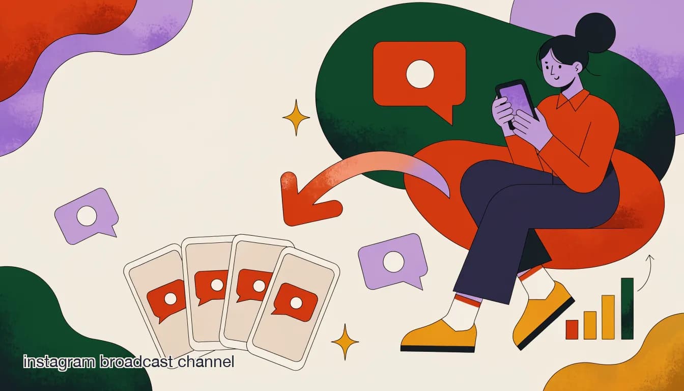 Flat illustration of a boutique owner sending a single broadcast message that reaches a subscriber list shown as a fan of phone screens, on Instagram Broadcast Channels for Restock Alerts and Flash Sales: A Boutique Playbook