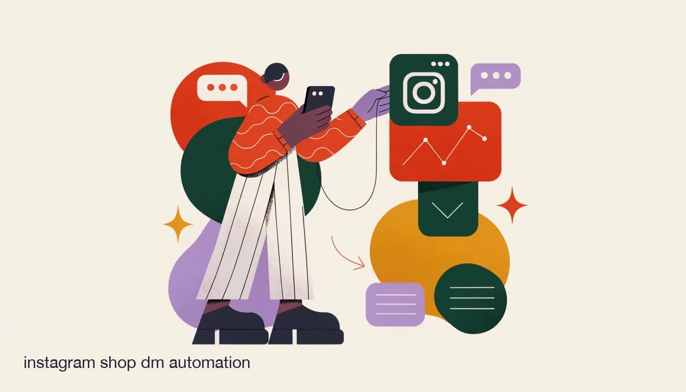 Flat illustration of a boutique owner setting up an automation flow on a phone connected to an Instagram Shop, on Instagram Shop DM Automation: A Setup Guide for Small Boutiques