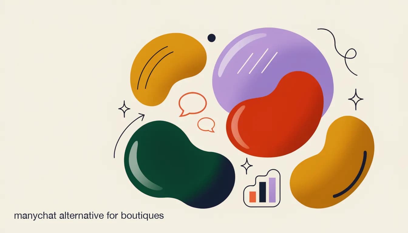 Flat illustration of a boutique owner moving product photos and DM conversations from one chat platform to another, on ManyChat Alternative for Boutiques and Social Sellers: What to Switch To (and Why)