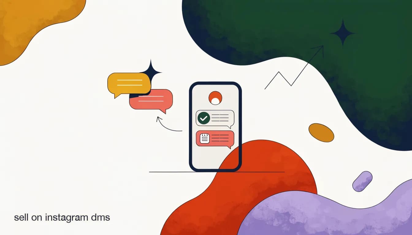 Flat illustration of a phone screen showing an Instagram DM thread with an order confirmation and payment link, on How to Sell on Instagram DMs Without Losing Track of Orders