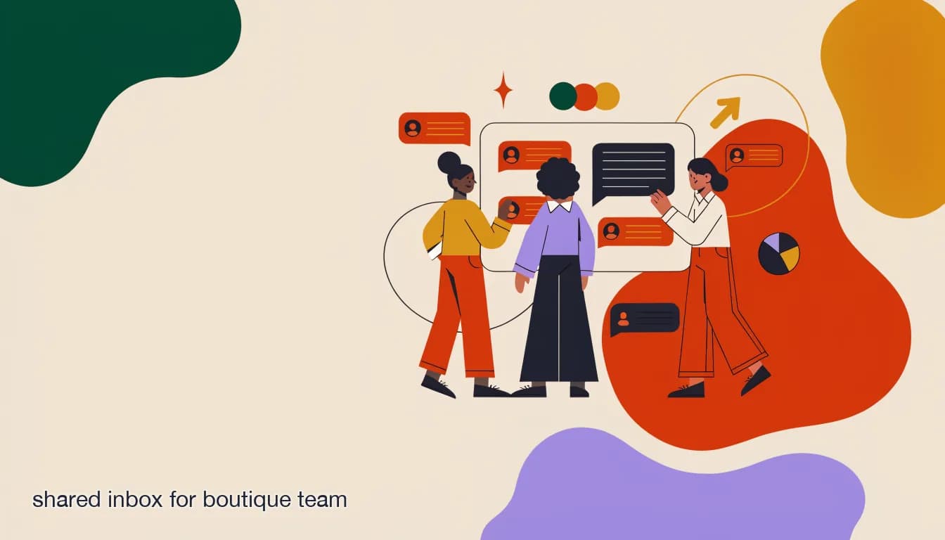 Flat illustration of three team members around a single shared inbox screen showing assigned Instagram conversations, on Shared Inbox for Small Boutique Teams: Managing Instagram DMs Without Duplicate Replies