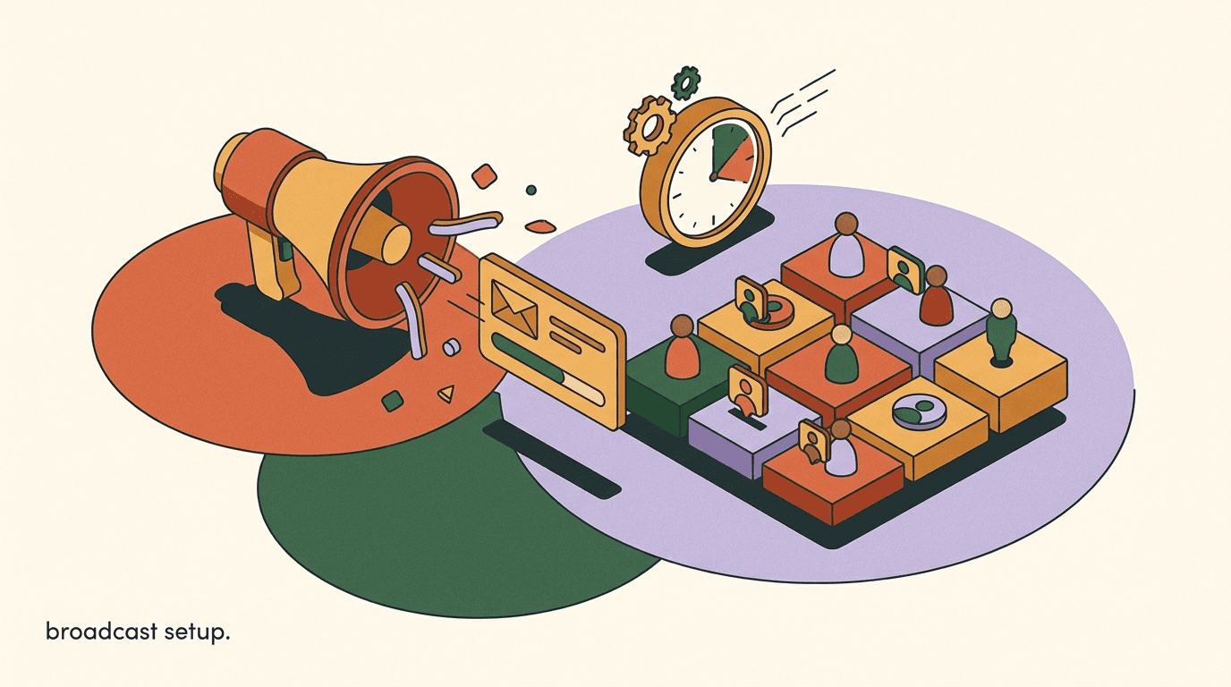 Flat illustration of a marketer planning a broadcast campaign setup with audience segments, a message draft, and a send schedule on a dashboard