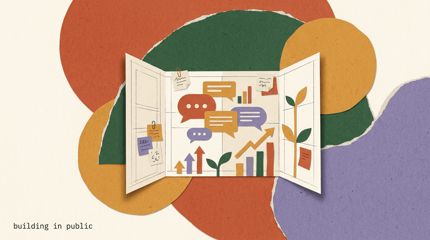 Flat illustration of a small team shipping a chat app in the open, on building in public at KlyoChat