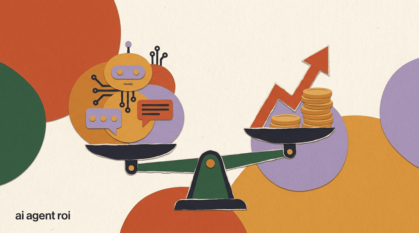 Flat illustration of a calculator, chat bubbles, and a balance scale weighing savings against costs, illustrating the business case for AI agents in 2026