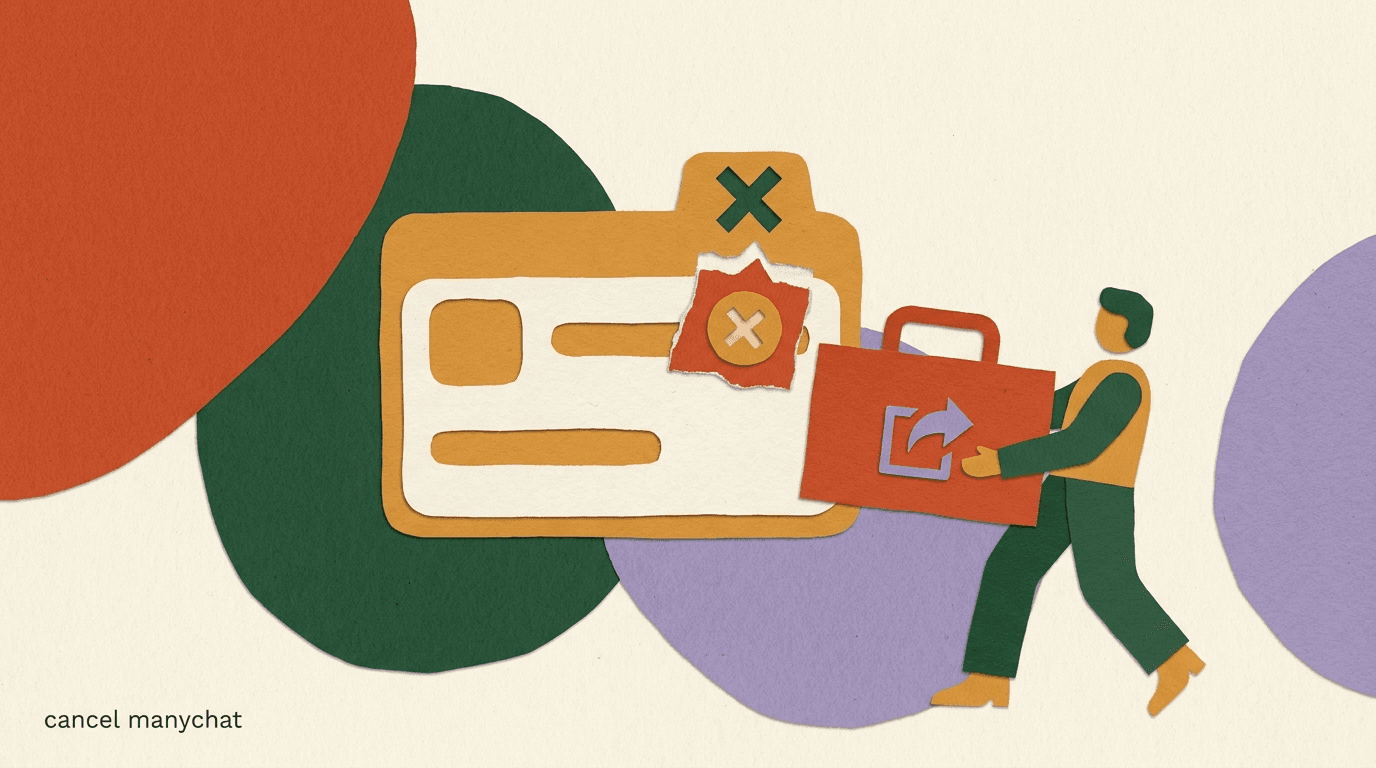 Flat illustration of a person calmly backing up chat contacts to a box before pressing a cancel button, on how to cancel ManyChat in 2026